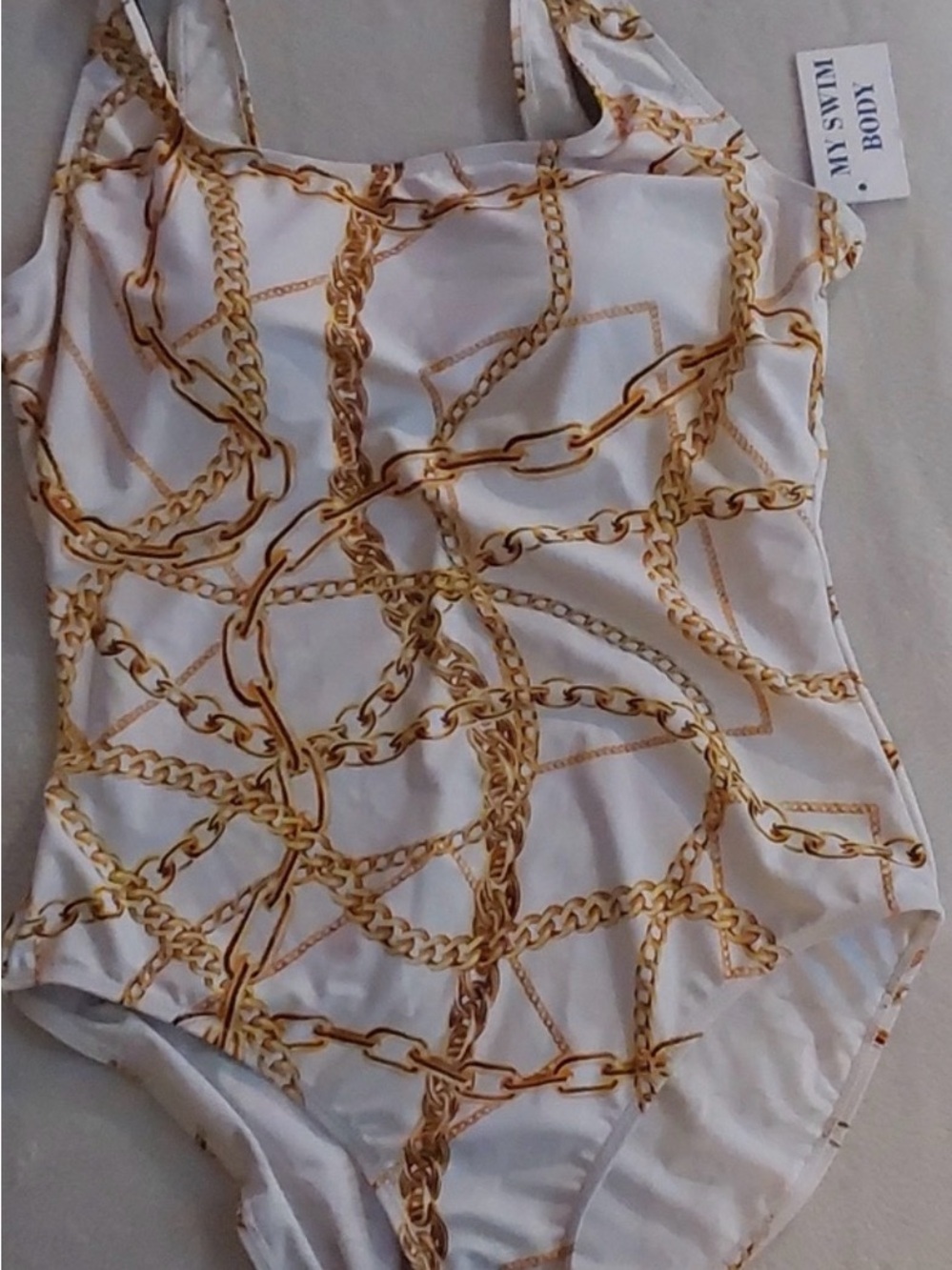 Women’s White One-Piece Swimsuit with Gold Chain Print